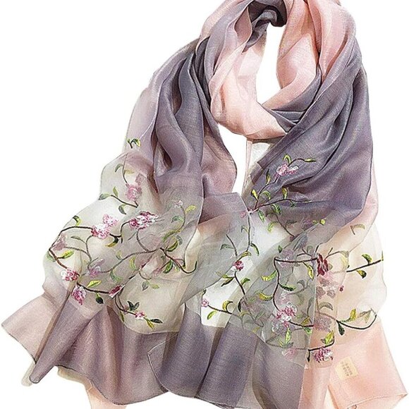 Women Silk&Wool Gradient Embroidered Scarf Headwrap Shawl - Picture 1 of 9